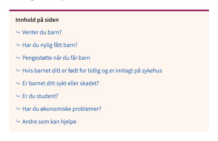 Innholdsmeny for situasjonen "Venter eller har nylig fått barn"