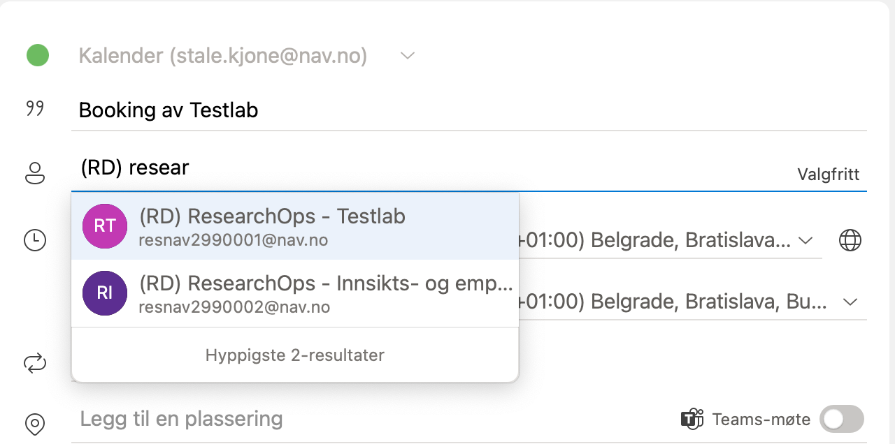 Bilde fra booking i Outlook.
