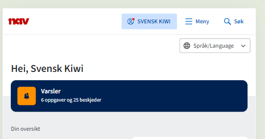 Bildet viser utsnitt av Min side. Innholdet på siden er et lenkepanel med aktive varsler. Testbrukeren har 6 oppgaver og 25 beskjeder.