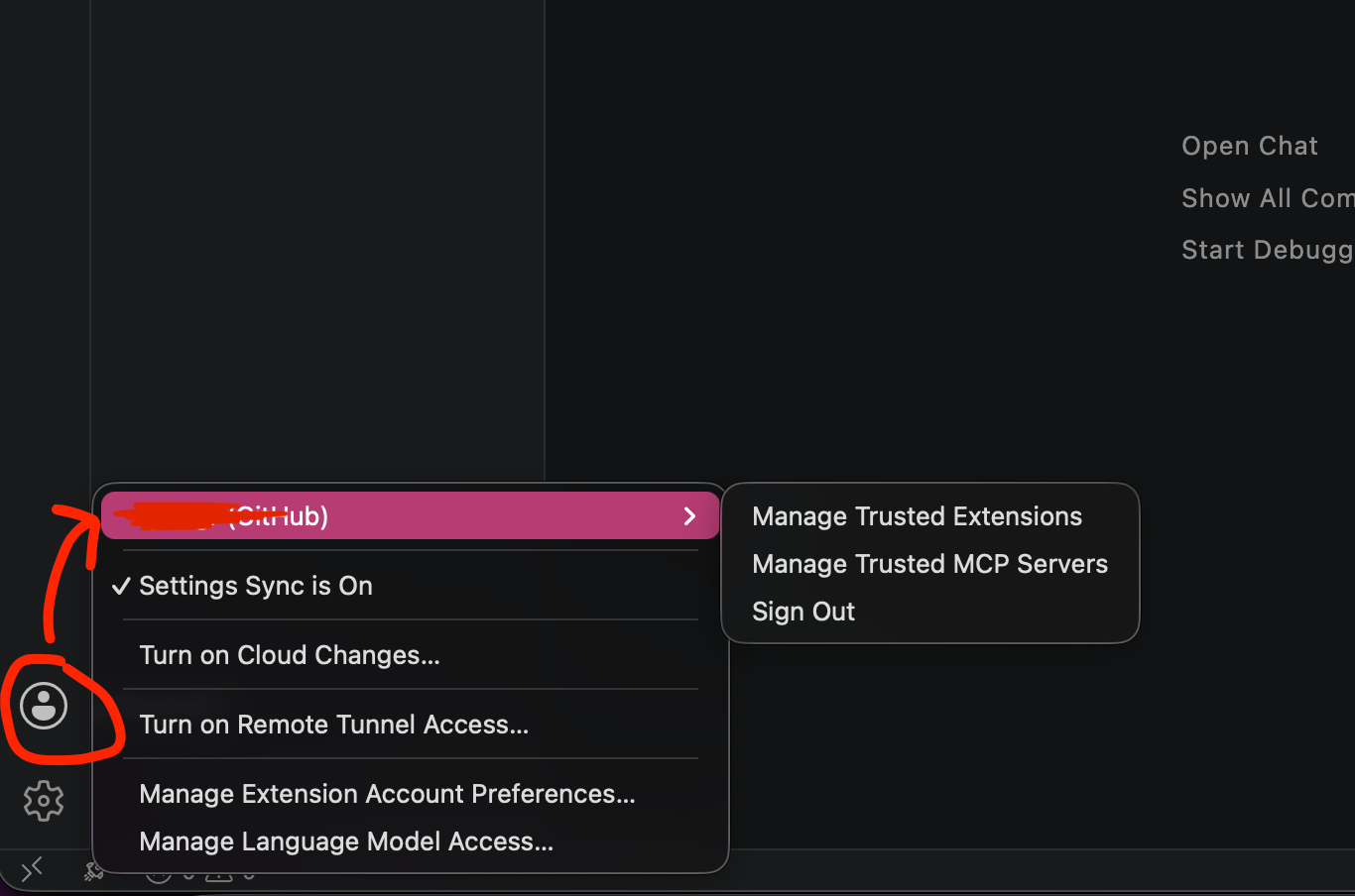 Viser at man kan logge inn med GitHub i VSCode