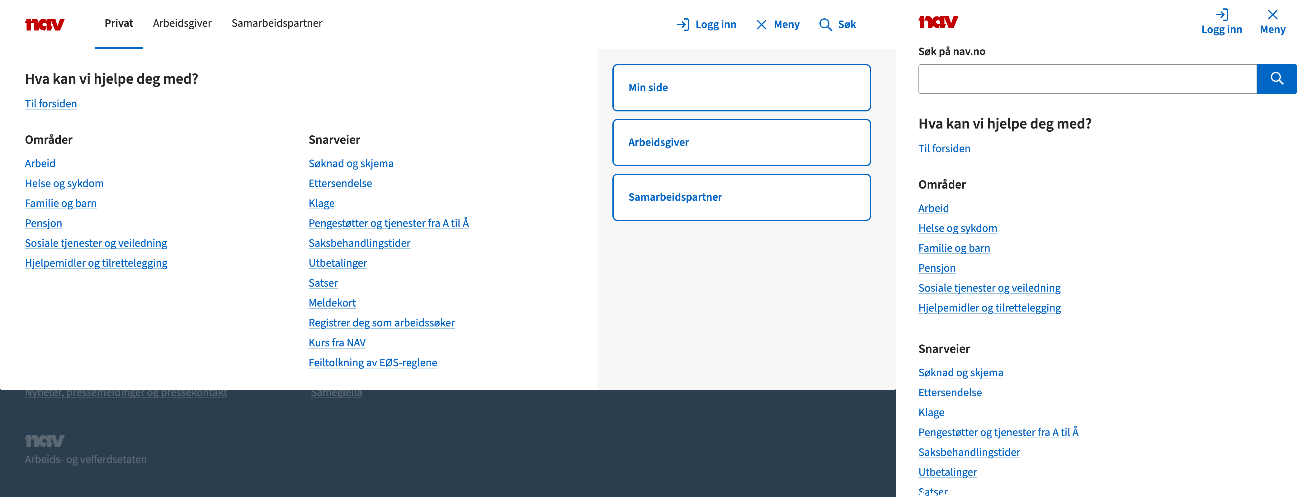 Skjermbilder av ny layout for åpen meny på desktop og mobil