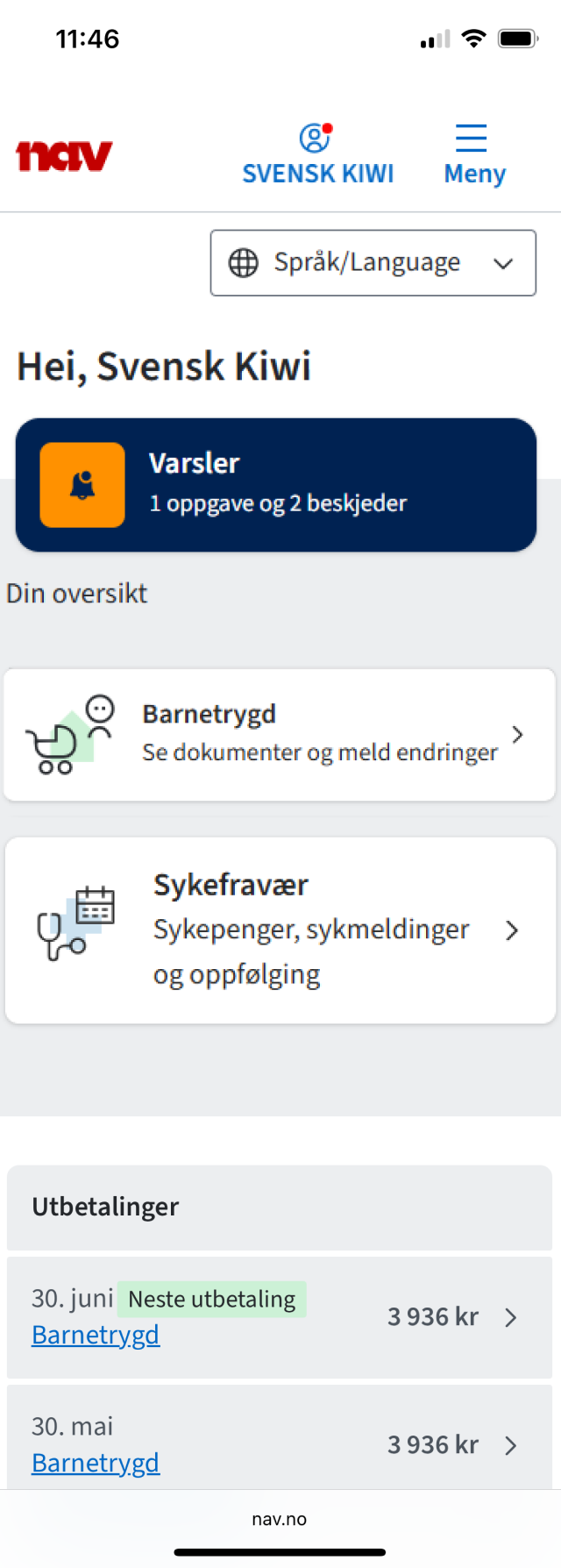 Skjermbilde av tidligere og kommende utbetalinger