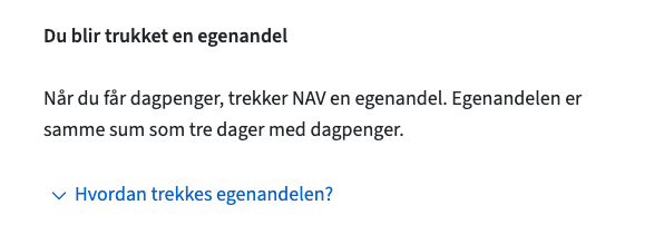 Brødtekst etterfulgt av les mer-komponent med tittel "Hvordan trekkes egenandelen?"