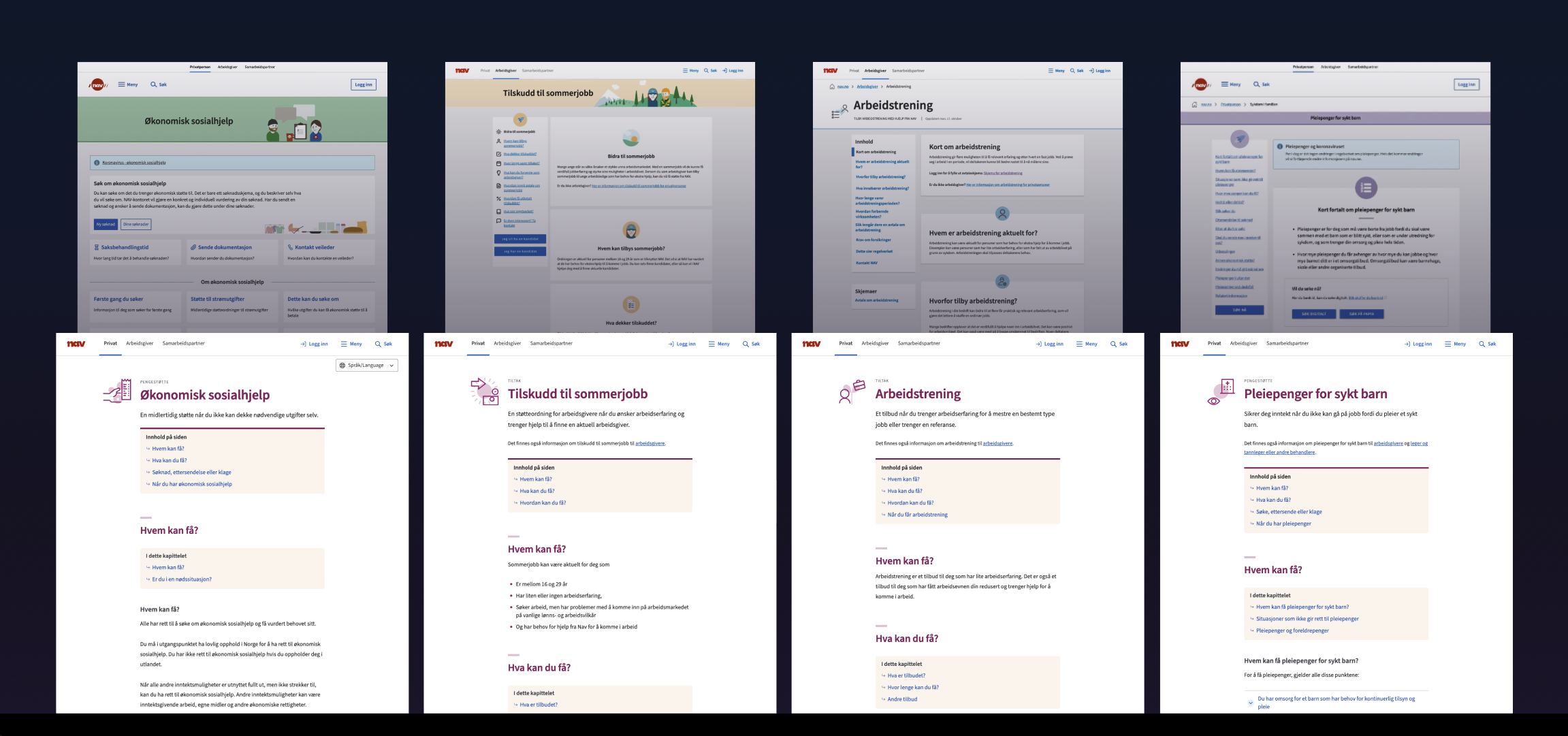I bakgrunnen: 4 veldig ulike løsninger som viser informasjon om Navs tilbud. I forgrunnen: De samme 4 sidene, men nå i ny, felles mal