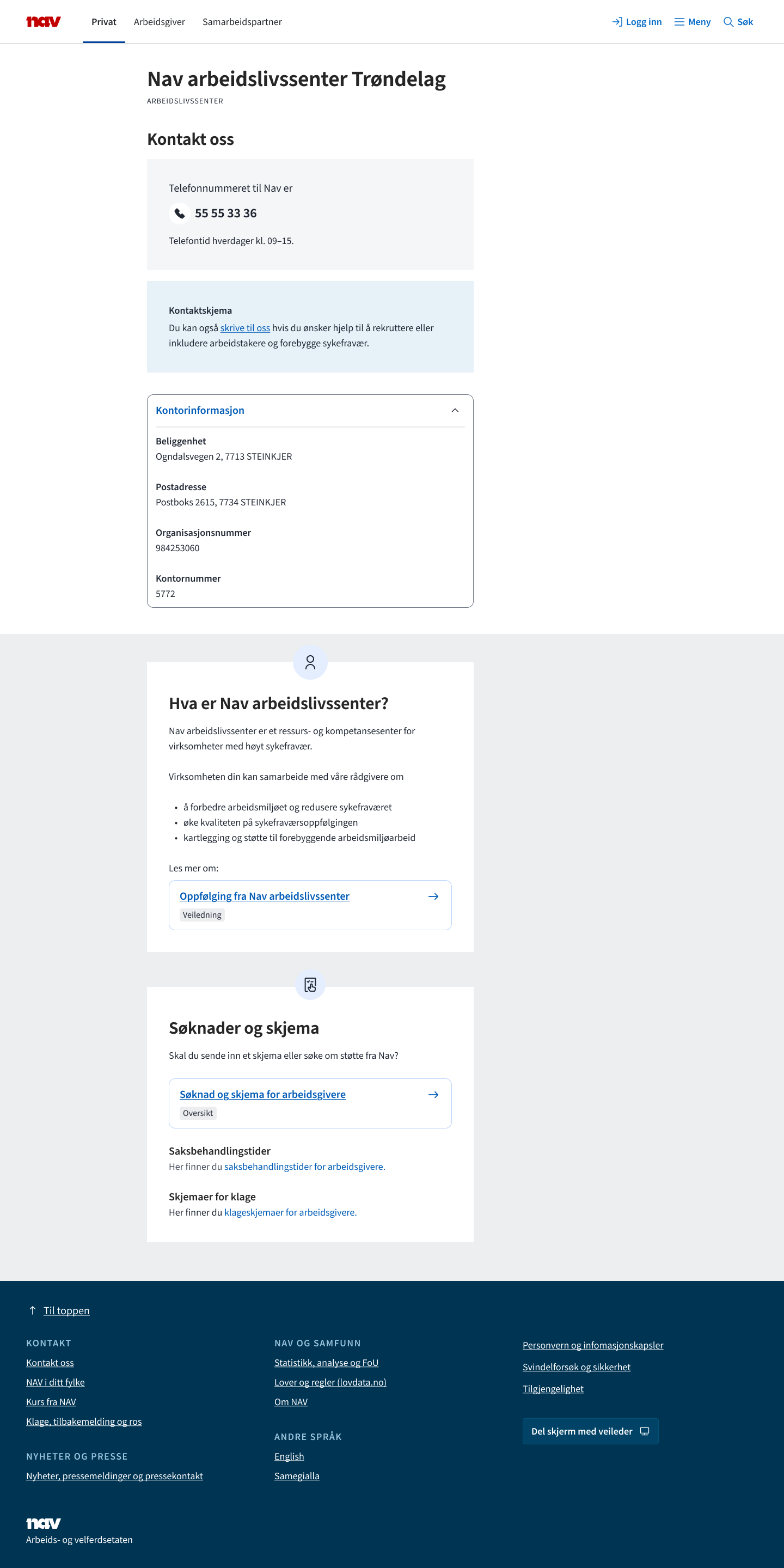 Skjermbilde av ny kontorside for Nav arbeidslivssenter Trøndelag
