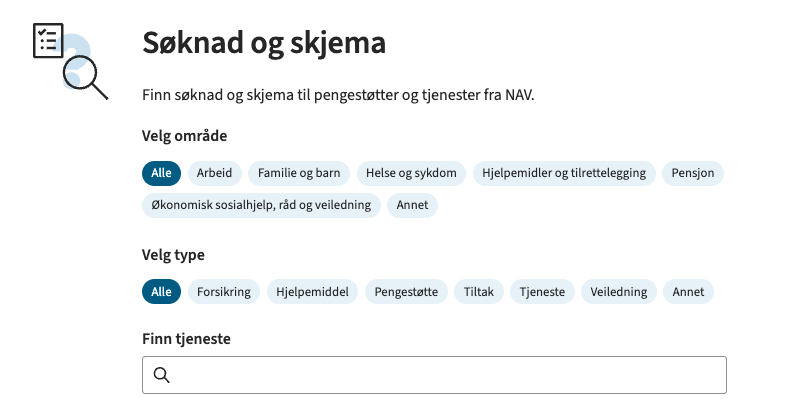 Søkefelt, område- og typefiltre