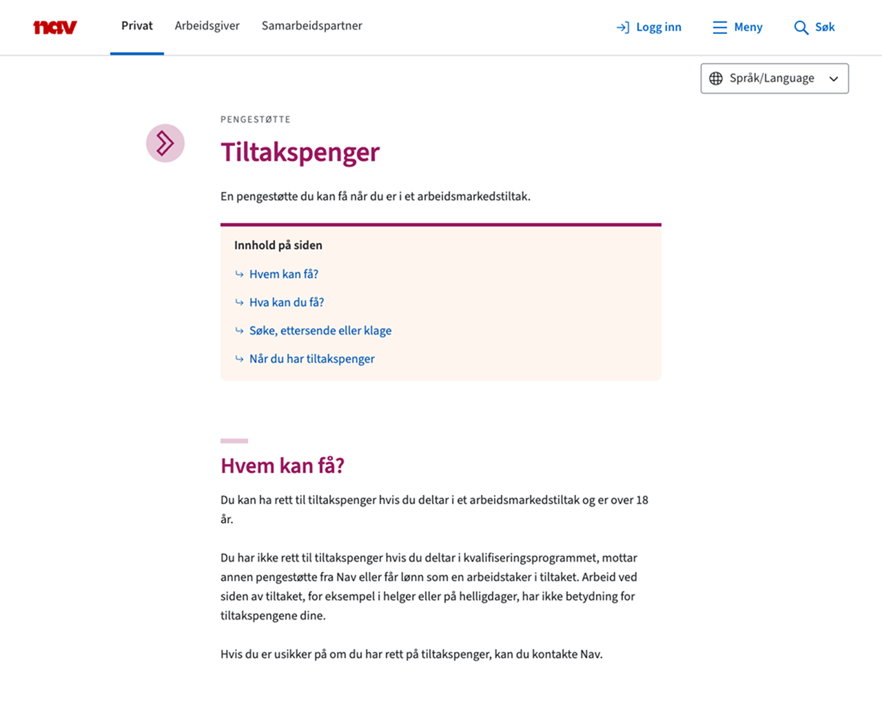 Skjermbilde av tiltakspenger i gammelt design, på desktop, med innholdsmenyen plassert i hovedspalten