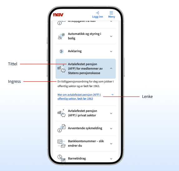 Tidligere mobilversjon av oversikten Pengestøtter og tjenester