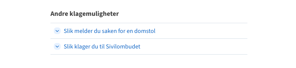 Liste med to trekkspill, et for hver klagemulighet