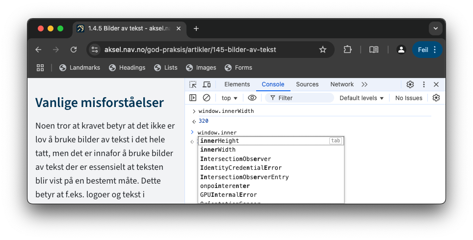 Side med åpnet DevTools og kallet funksjon window.innerWidth