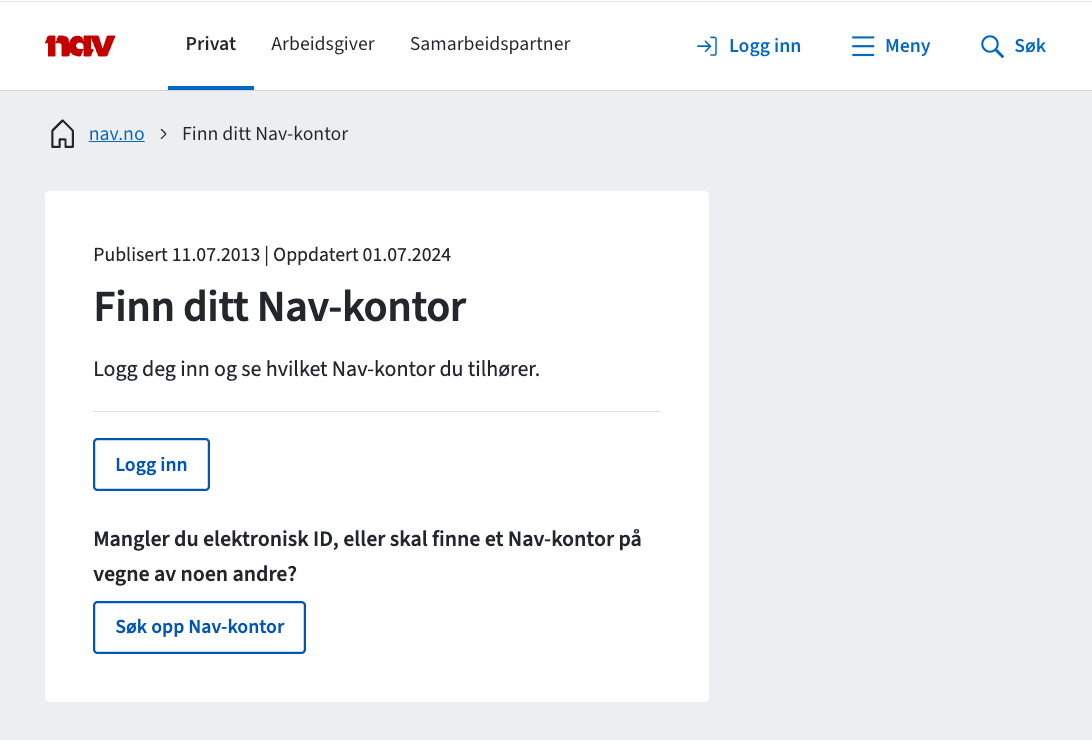 Skjermbilde av siden der man kan logge inn og finne Nav-kontor