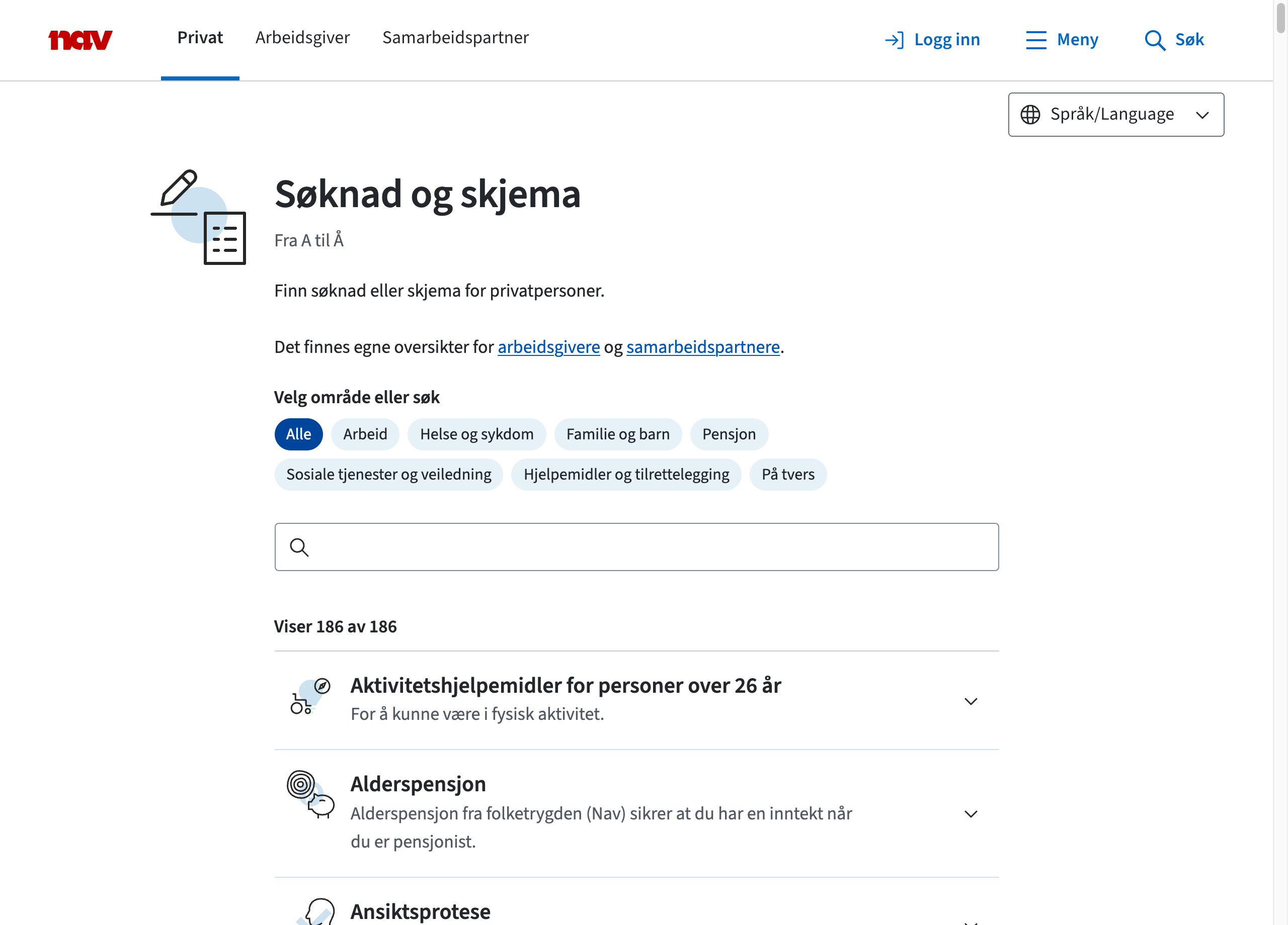 Oversikten over søknader og skjema med filtervalg, søk og listen med elementer