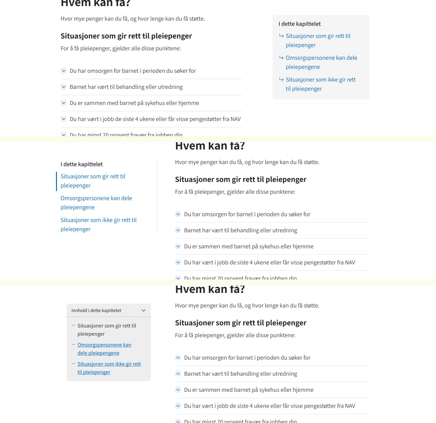 Skisse med tre varianter av layout med innholdsmeny i sidespalte. Alle varianter har innholdsmeny i sidespalte. Første på høyre side. De to andre variantene med venstre side.