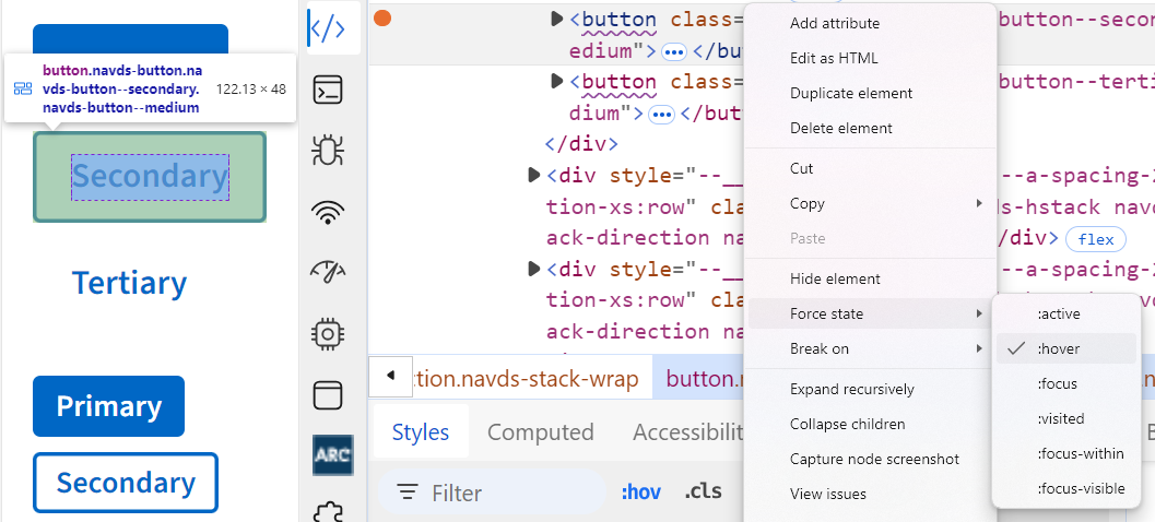 Skjermbilde som viser hvordan DevTools kan fremprovosere ymse tilstander.