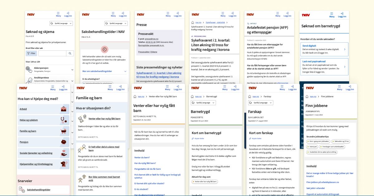 Alle 12 maler for de ulike innholdstypene på nav.no
