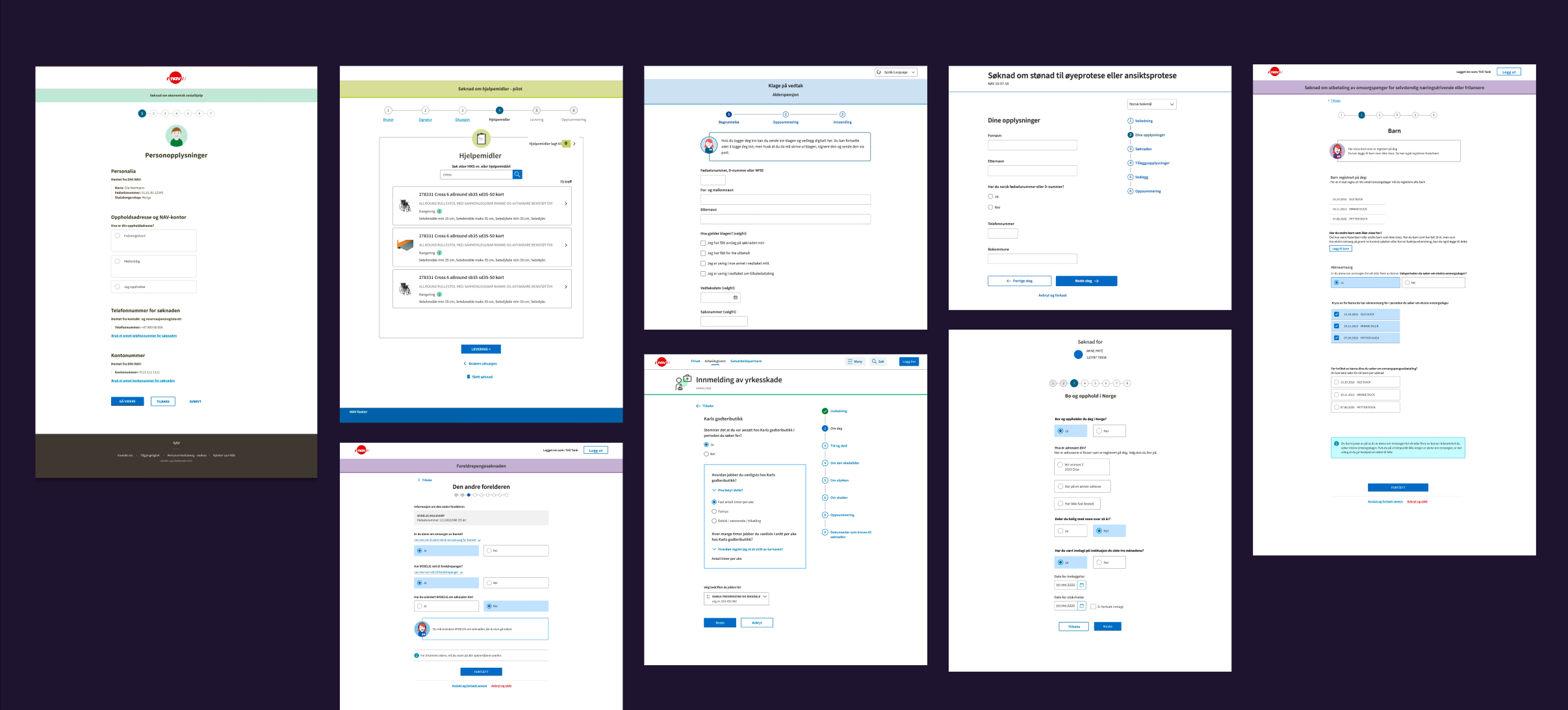 Skjermbilder av 8 ulike søknadsdialoger