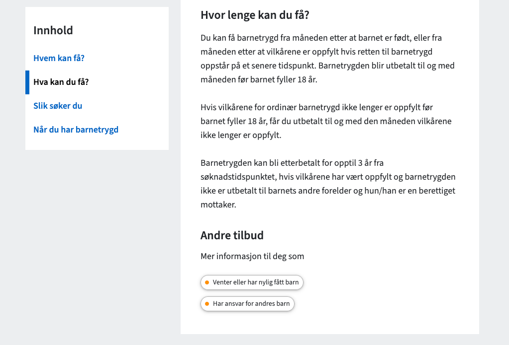 Overskriften er "Andre tilbud", så følger teksten "Mer informasjon til deg som", før det er inngang til to ulike situasjoner