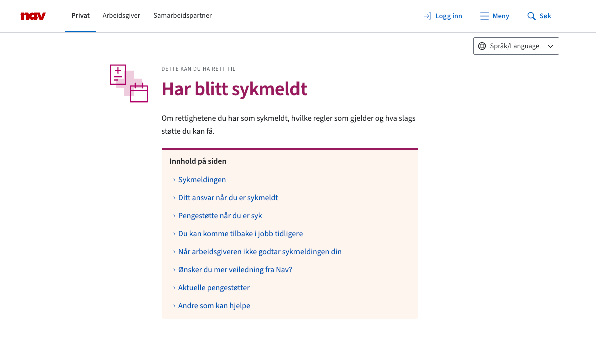 Bilde av livssituasjonsside "Har blitt sykemeldt" på nav.no