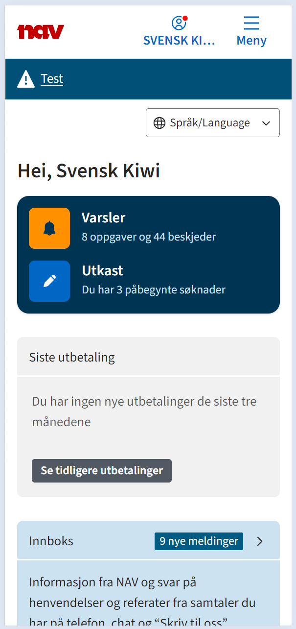 Skjermbilde som viser innhold i Min side fra testmiljø. Med varsler og utkast, 9 nye meldinger i innboks og rød markering i toppmenyen