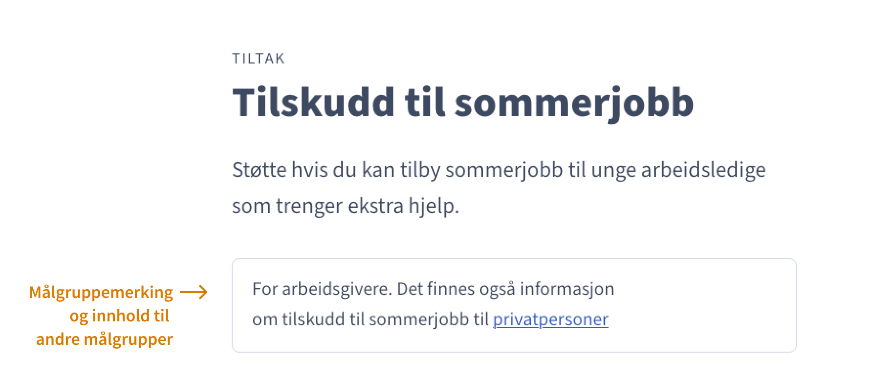 Produktinformasjon om tilskudd til sommerjobb der det er merket med "For arbeidsgiver" og at det også finnes informasjon om dette til privatpersoner.