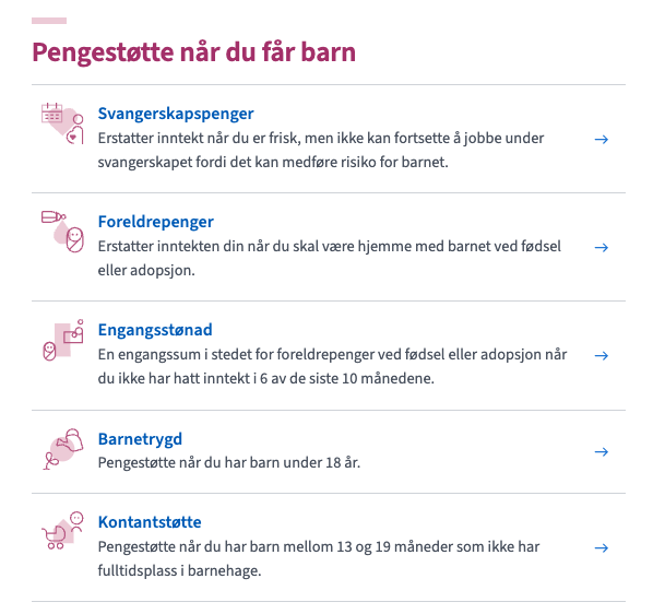 Varehyllen gir inngang til fem produkter: svangerskapspenger, foreldrepenger, engangsstønad, barnetrygd og kontantstøtte