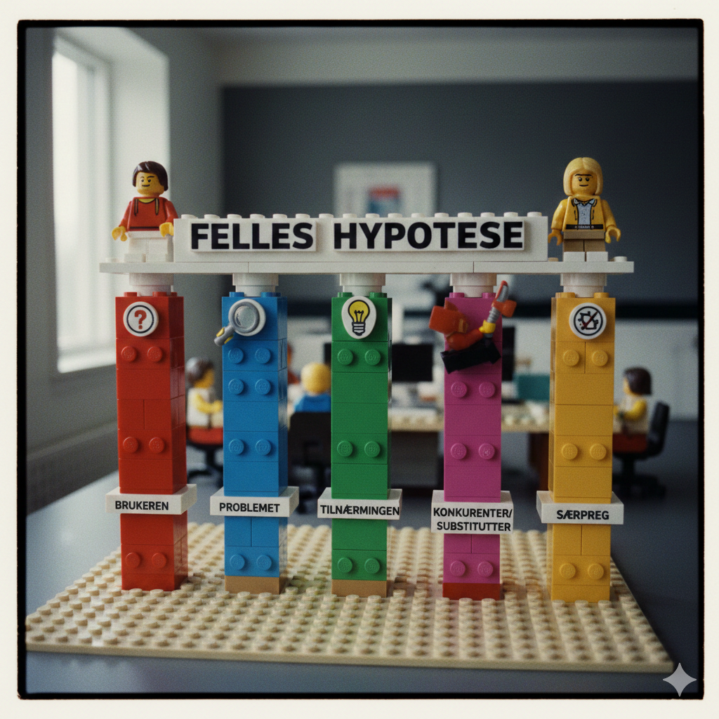Et bilde i LEGO-stil med en nostalgisk film-look som viser en struktur bygget av fem fargerike søyler. Søylene er merket med tekstene «Brukeren», «Problemet», «Tilnærmingen», «Konkurrenter/Substitutter» og «Særpreg». Søylene bærer et felles tak med teksten «Felles hypotese». To LEGO-figurer står på toppen av strukturen i et kontorlandskap.