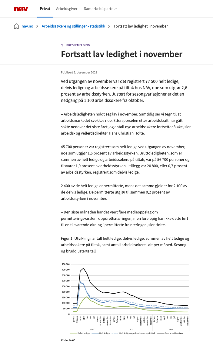 Bilde av eksempel på pressemelding om arbeidsledighet i november 2022
