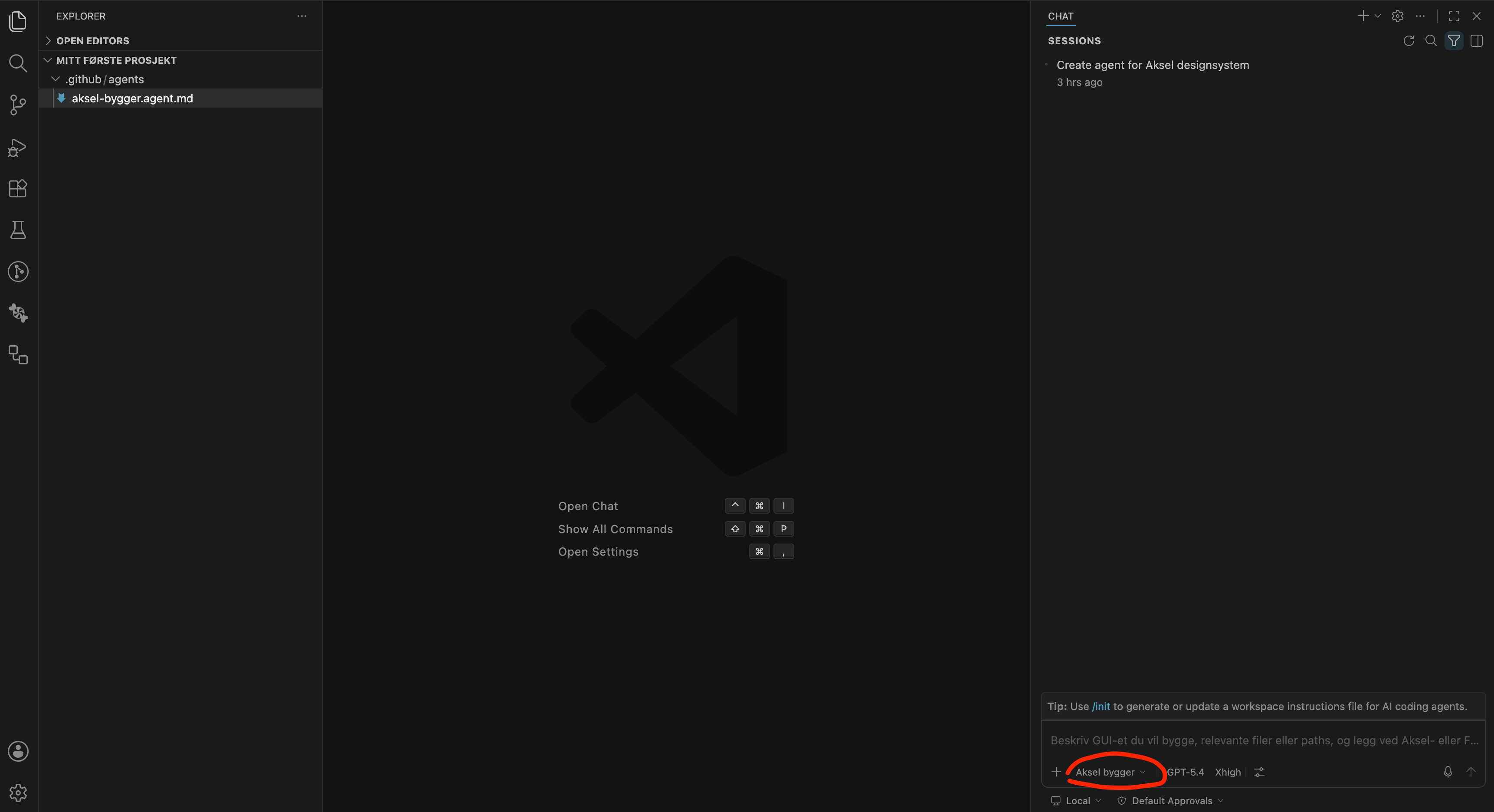 BIlde viser at Aksel-agenten er valgt i VSCode