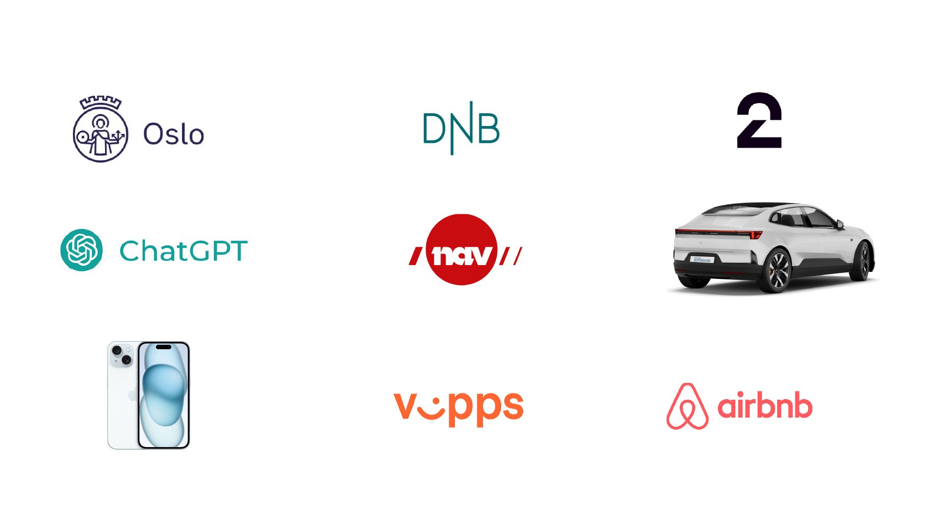 Logoer som viser verden rundt oss i dag. iPhone, Chat GPT, Vipps, Polestar og Airbnb