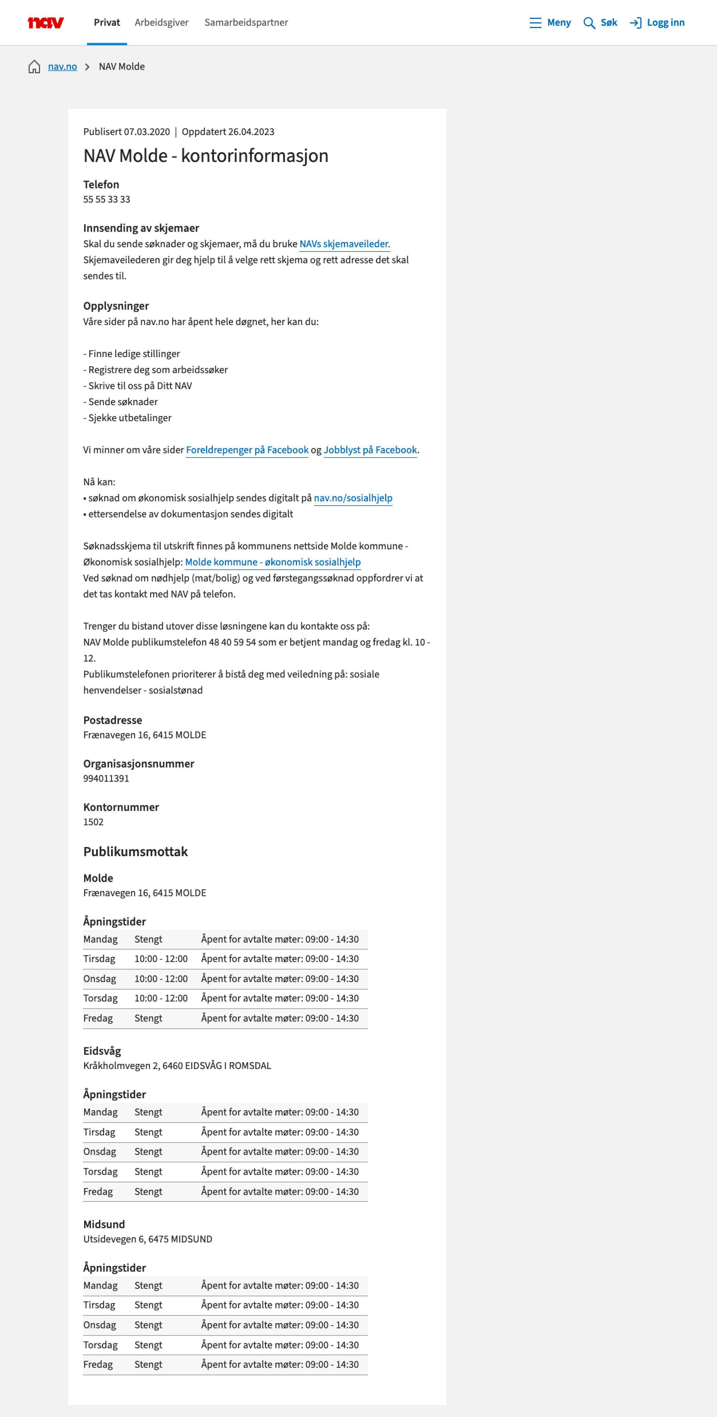 Eksempel på gammel kontorside fra NAV Molde