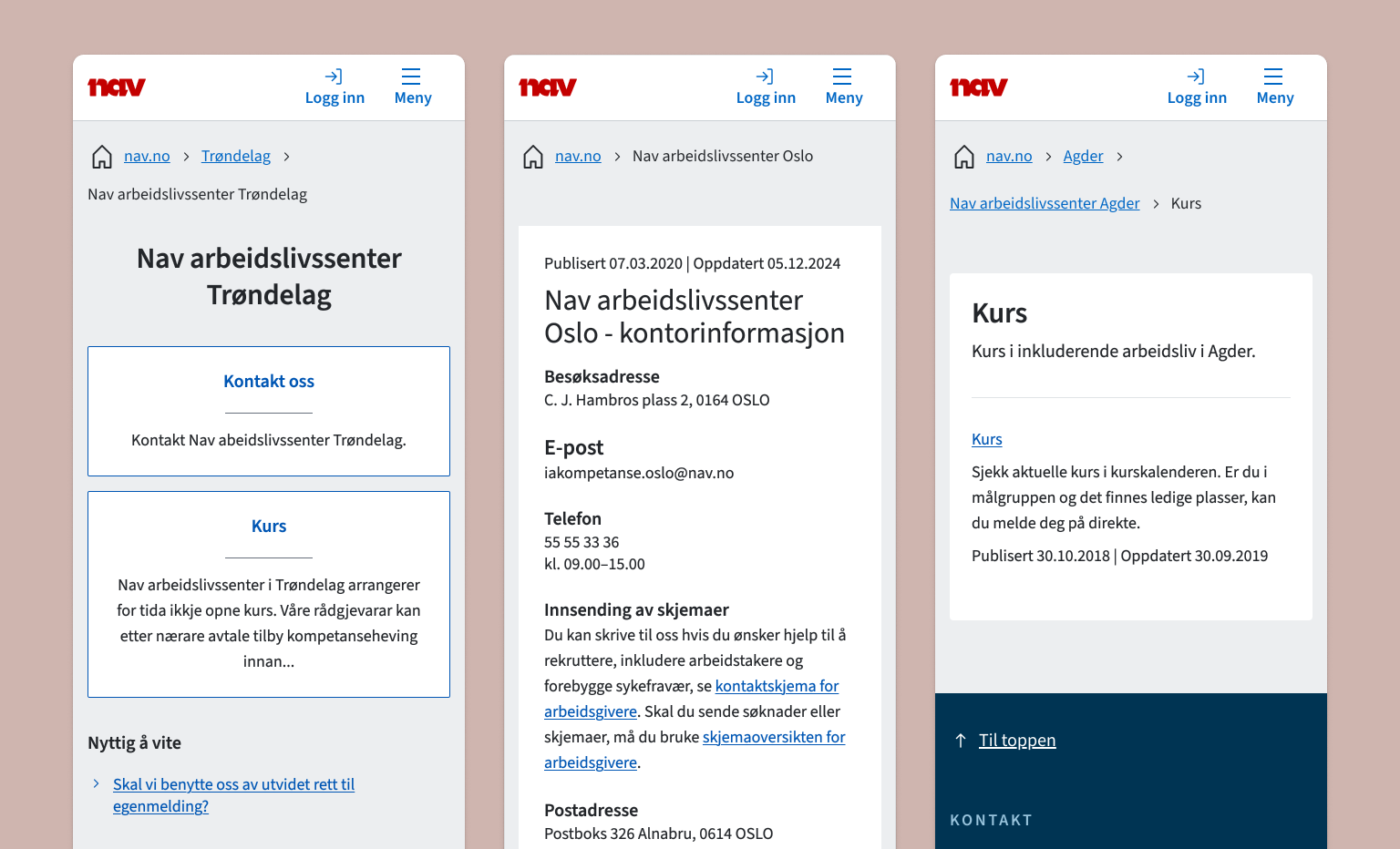 Skjermbilder av de gamle mobilsidene til Nav arbeidslivssenter Trøndelag
