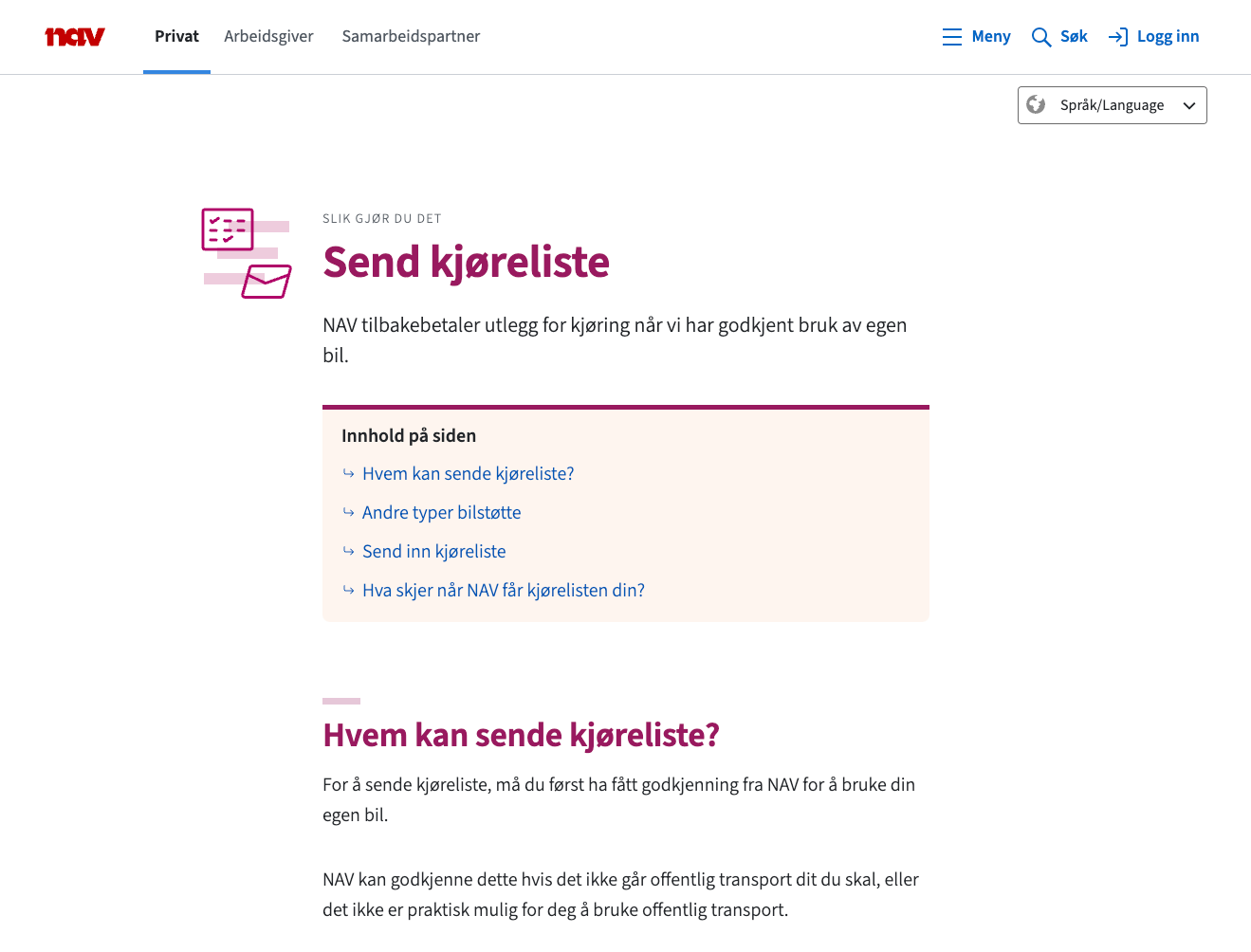 Eksempel på sidetypen Slik gjør du det: send kjøreliste