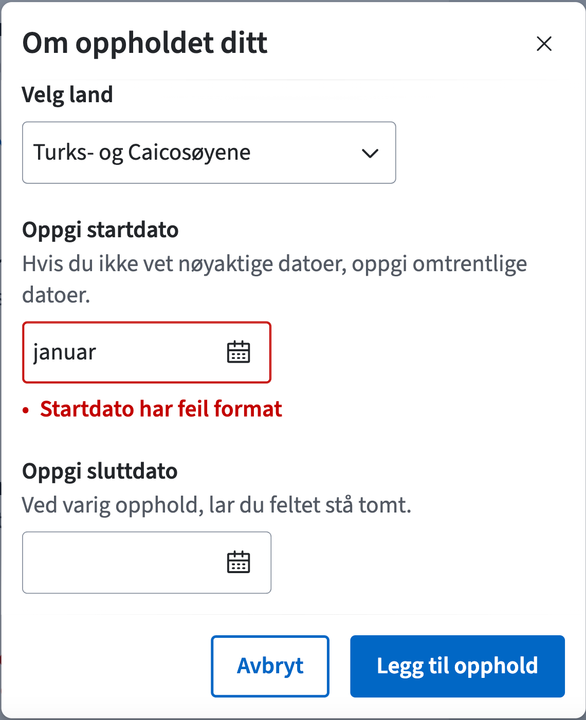 Brukeren har tastet inn "januar" for startdato, og får feilmeldingen "Startdato har feil format.".