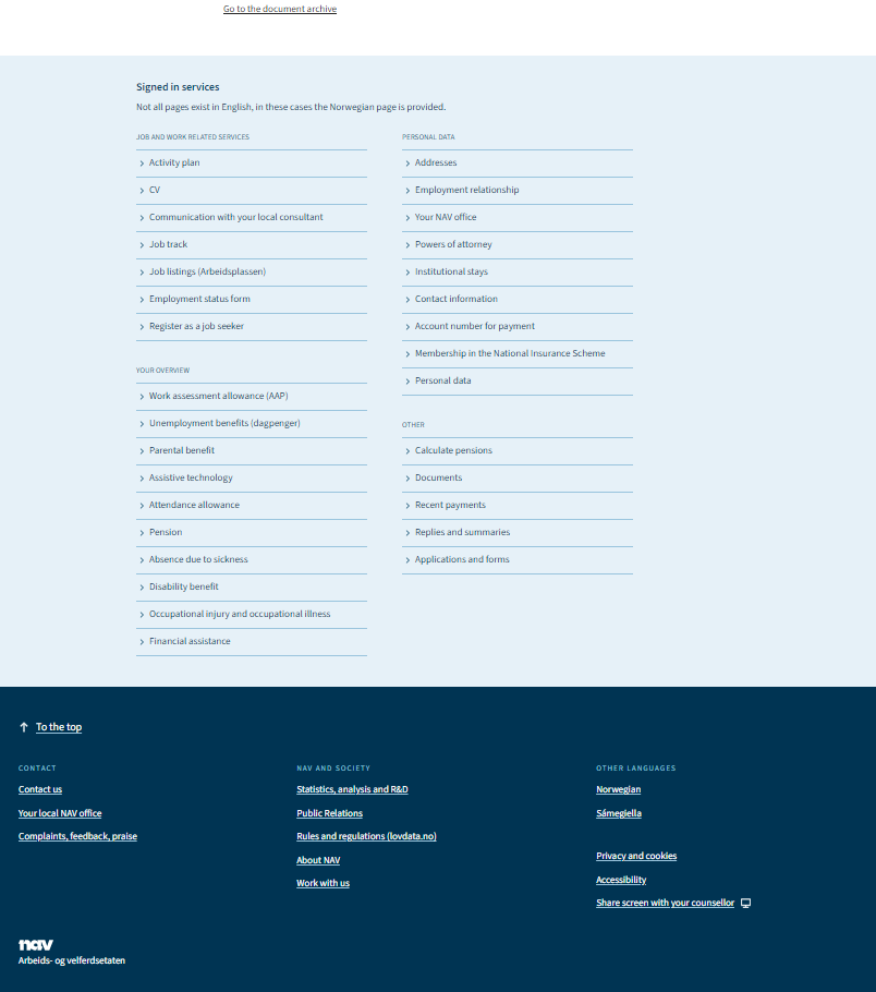 Nederste del av Min side med engelsk versjon av liste over innloggede tjenester