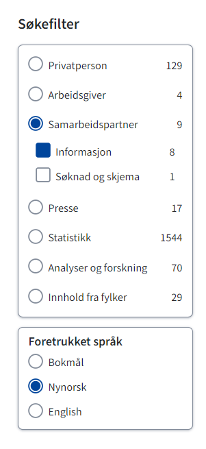 bilde som viser filter i det nye søket