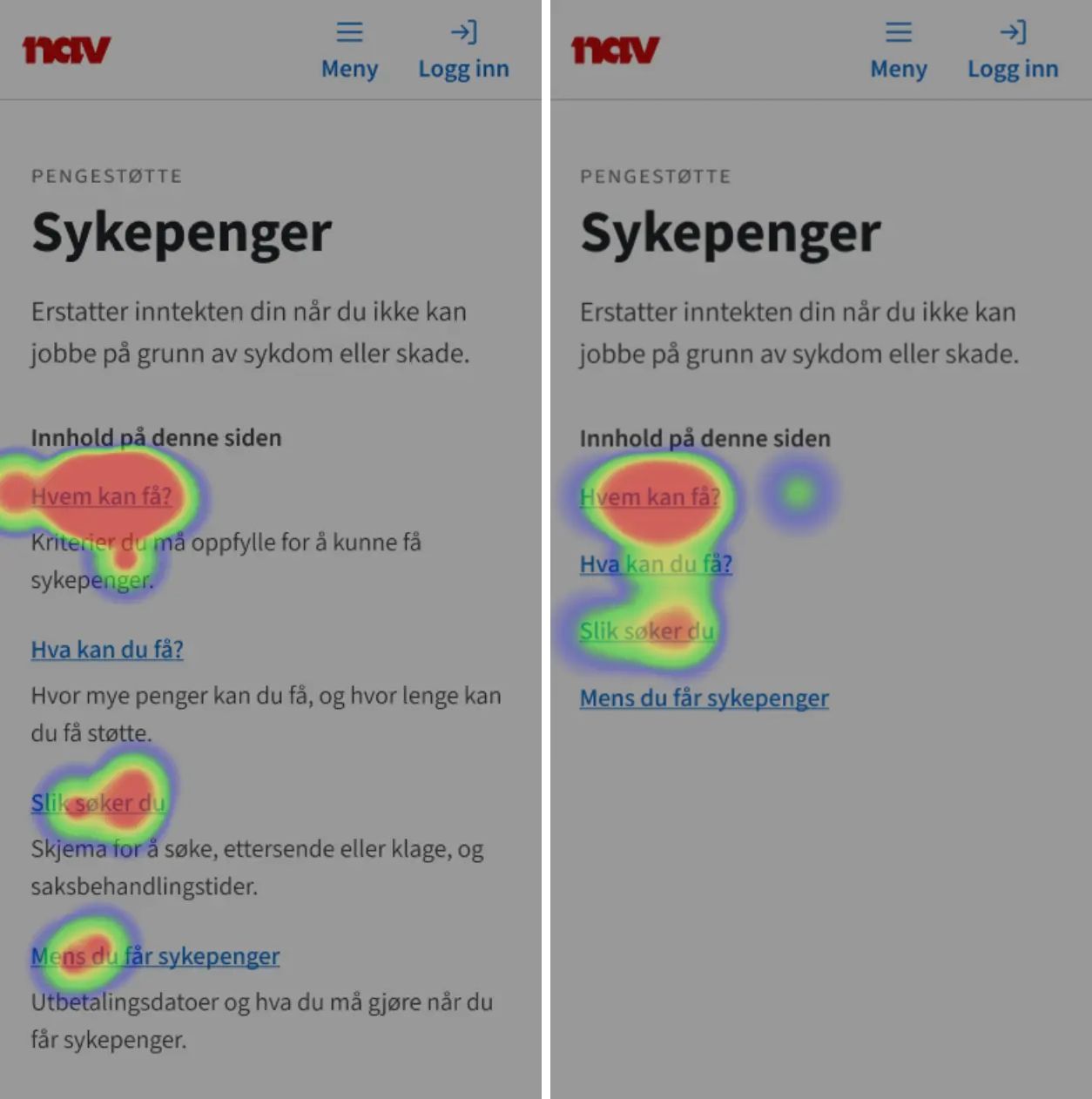 Varmekart av klikktest med og uten ingress