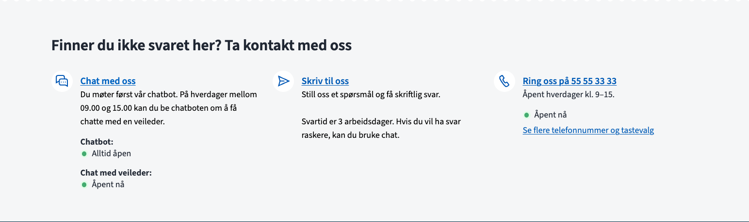 Skjembilde av kontaktmodul med tre kanaler: chat, skriv til oss og telefon