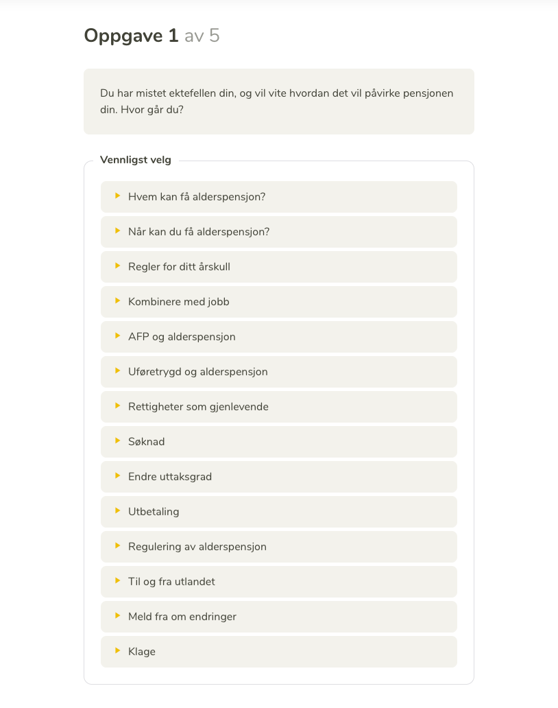 Eksempel på oppgave i test for alderspensjonsside (dagens struktur)
