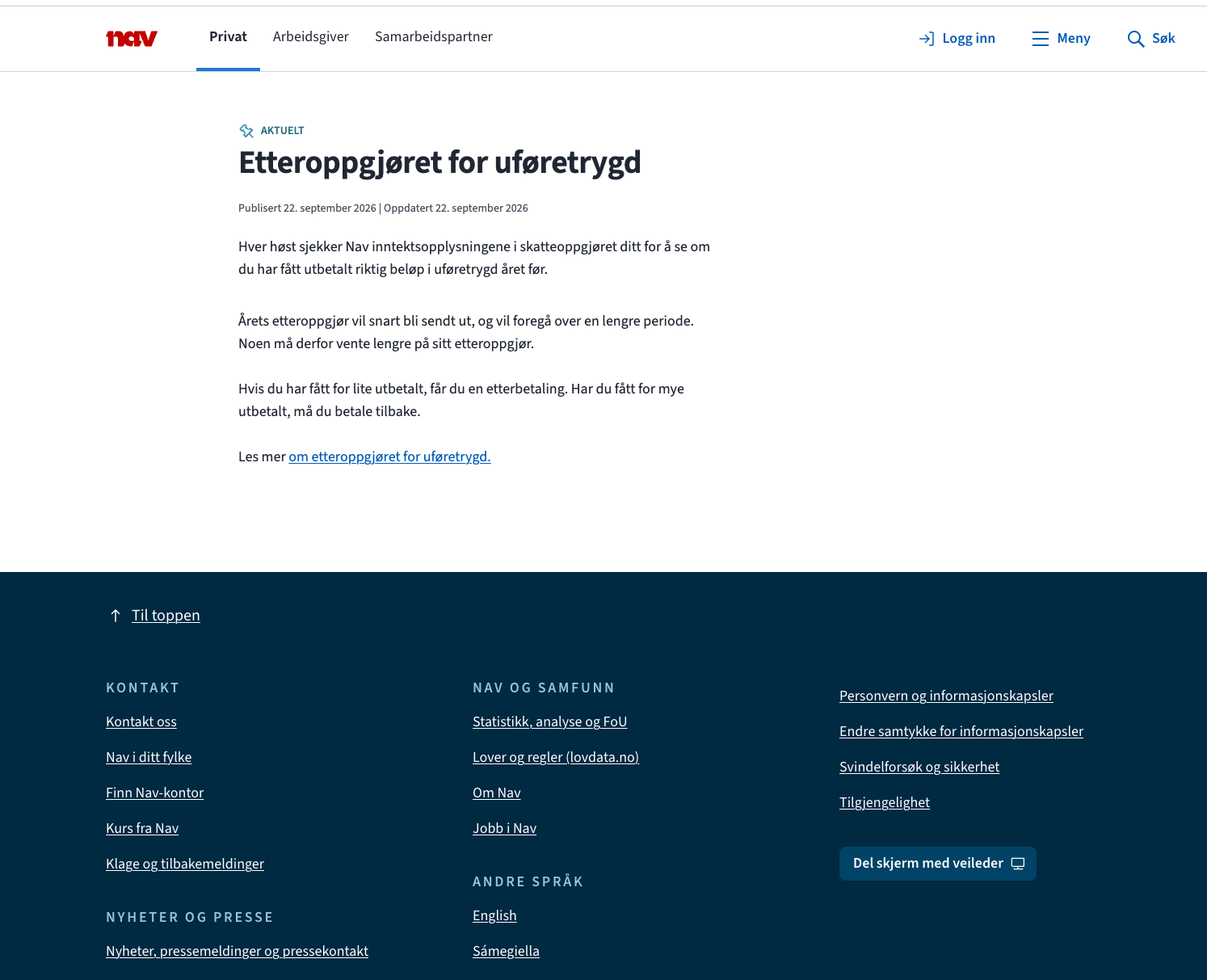 Eksempel på nyhet til personbrukere, om etteroppgjør for uføretrygd