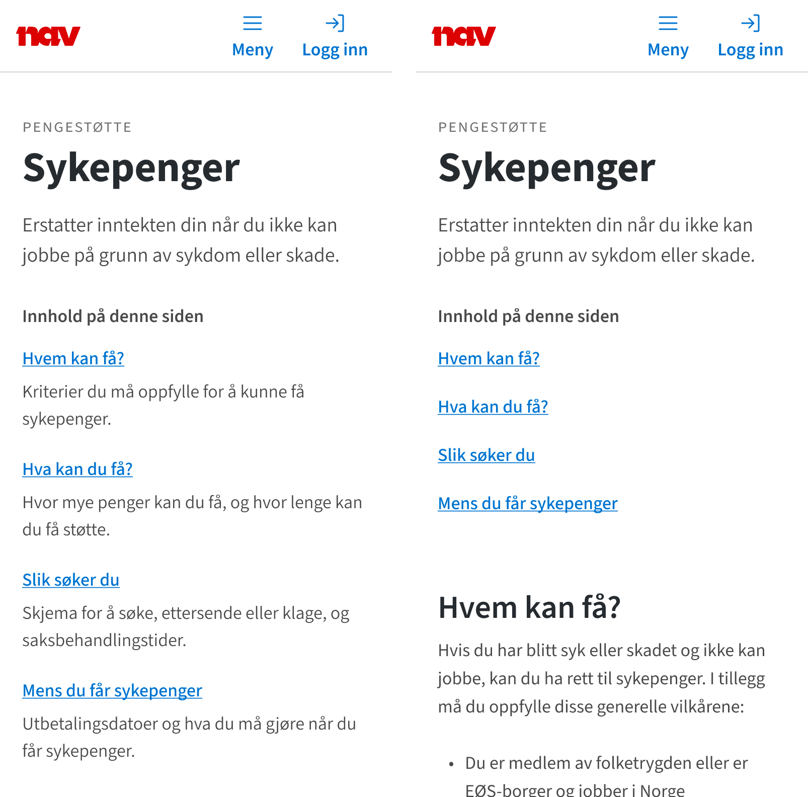 To varianter av innholdsmenyen: med og uten ingress