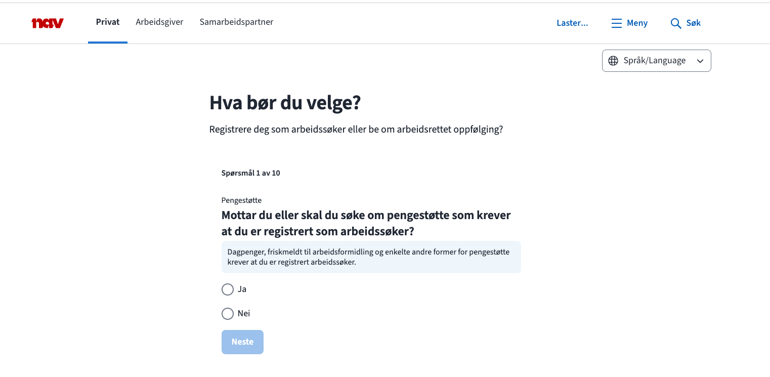 Eksempel på veiviser: registrere deg som arbeidssøker eller be om arbeidsrettet oppfølging?