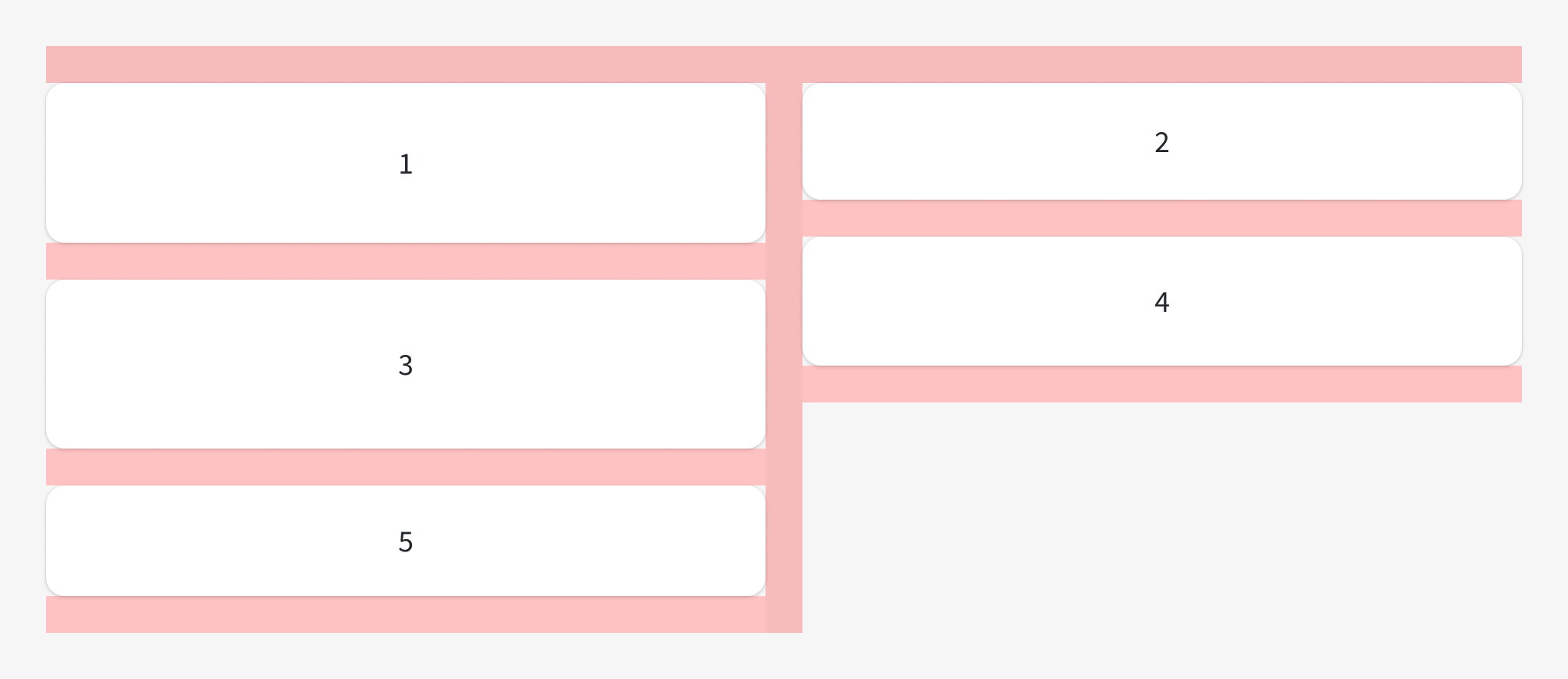 Fem hvite, nummererte kort (fra 1-5) lagt i et muroppsett. Kortene er like brede, men har variert høyde. Avstanden mellom alle kortene er den samme. 