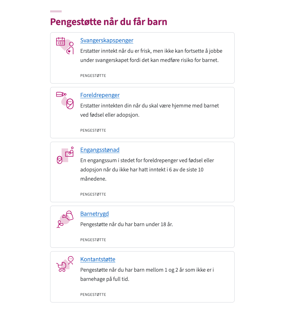 Varehyllen gir inngang til fem produkter: svangerskapspenger, foreldrepenger, engangsstønad, barnetrygd og kontantstøtte