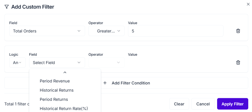 Product Analytics filter view for narrowing SKU analysis by date range, status, and custom conditions