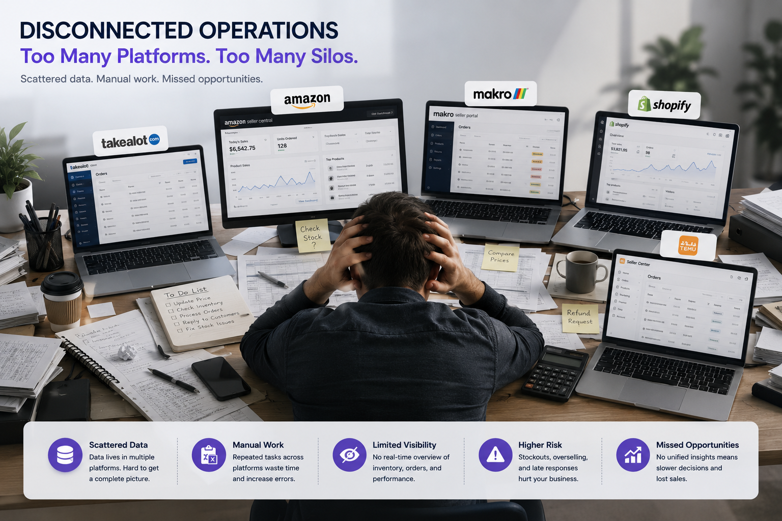 连接 Takealot、Amazon、Makro、Shopify 和 Temu 的 marketplace command center
