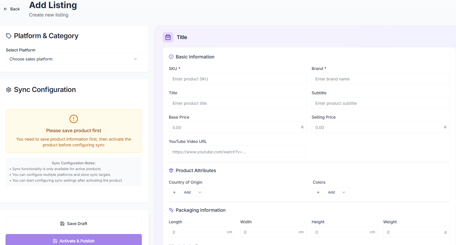 Listing Management add listing view for creating and cleaning product information before sync or publishing