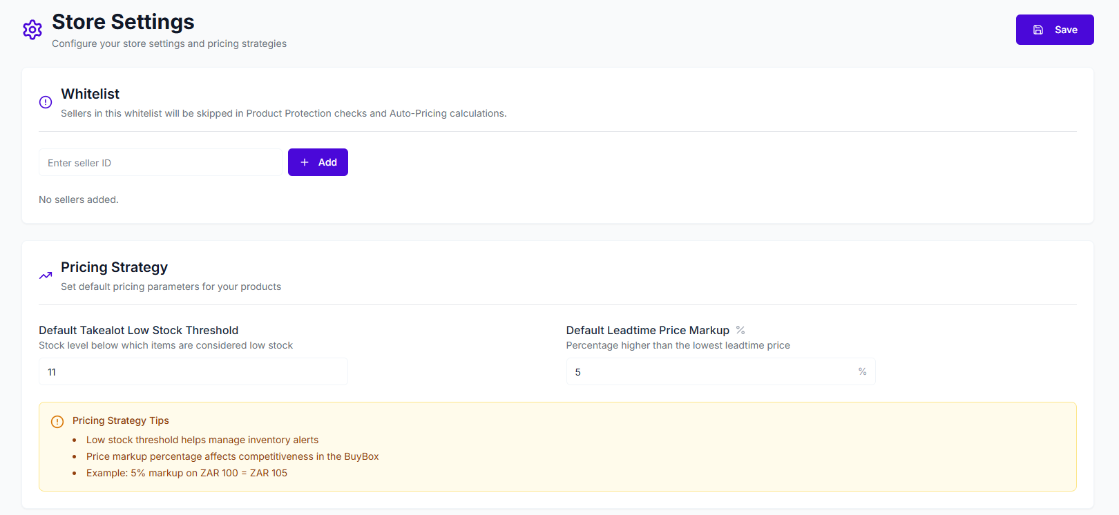 Takealot Store Settings overview showing whitelist management and default pricing parameters