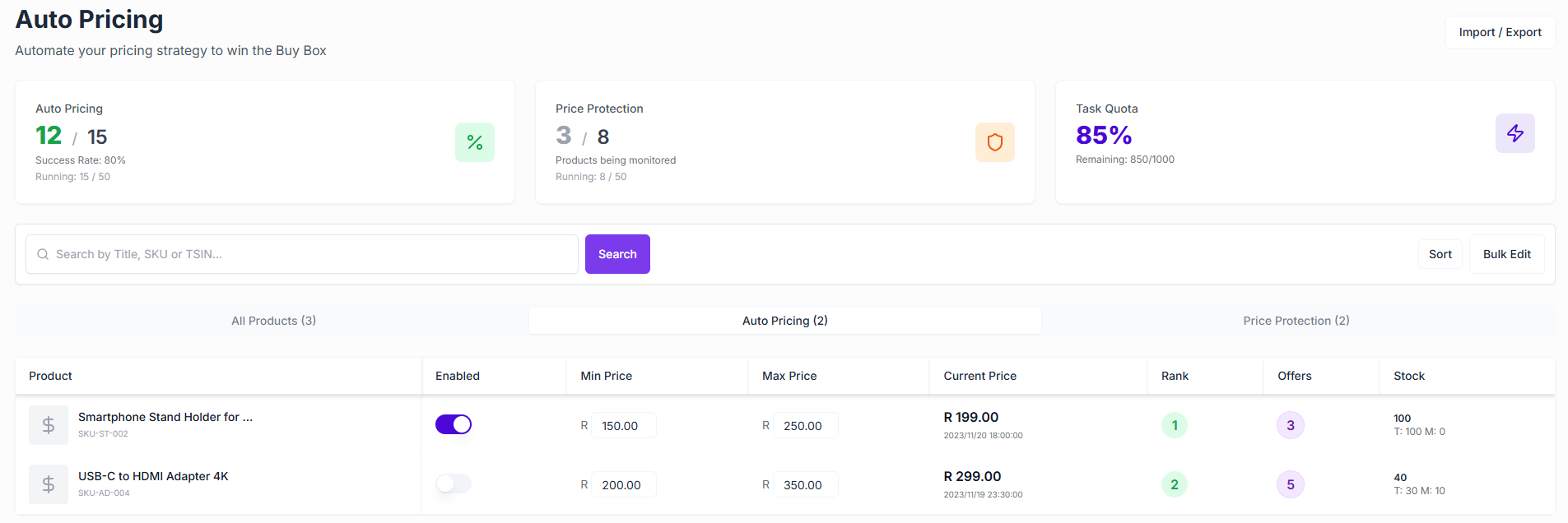 Revenuealot Auto Pricing dashboard for Takealot sellers