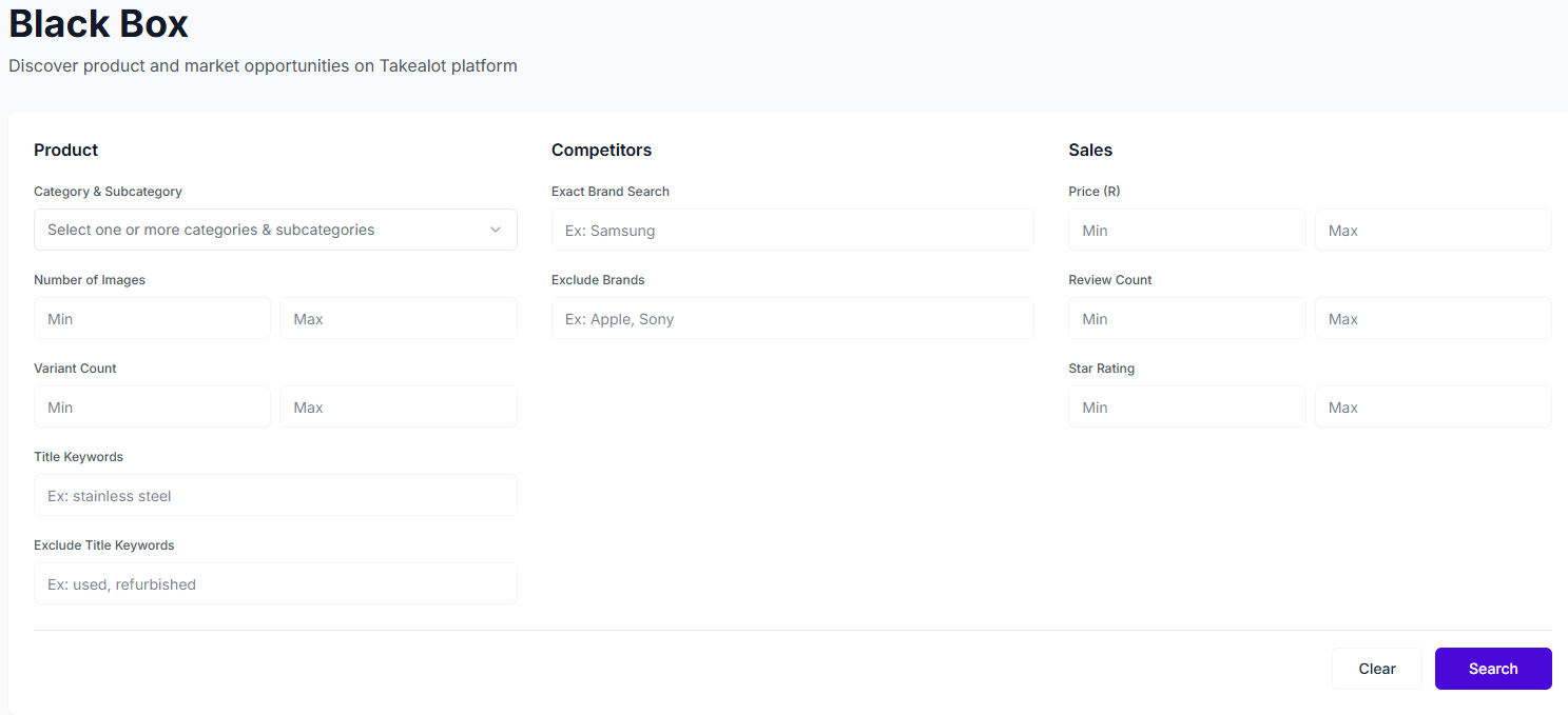 Black Box filter setup for narrowing Takealot product ideas by category, brands, price, rating, and reviews