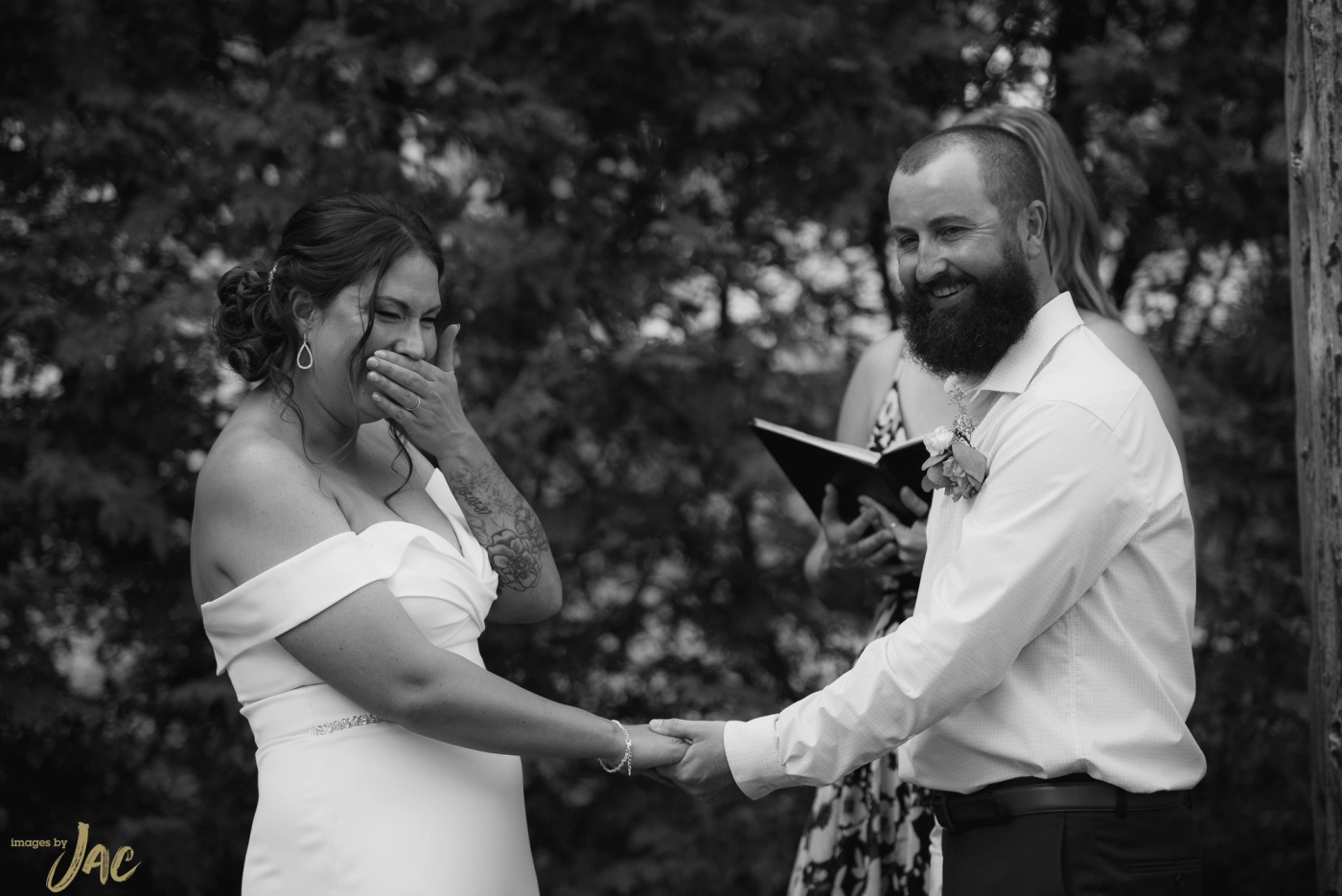 A wedding couple photographed outdoors